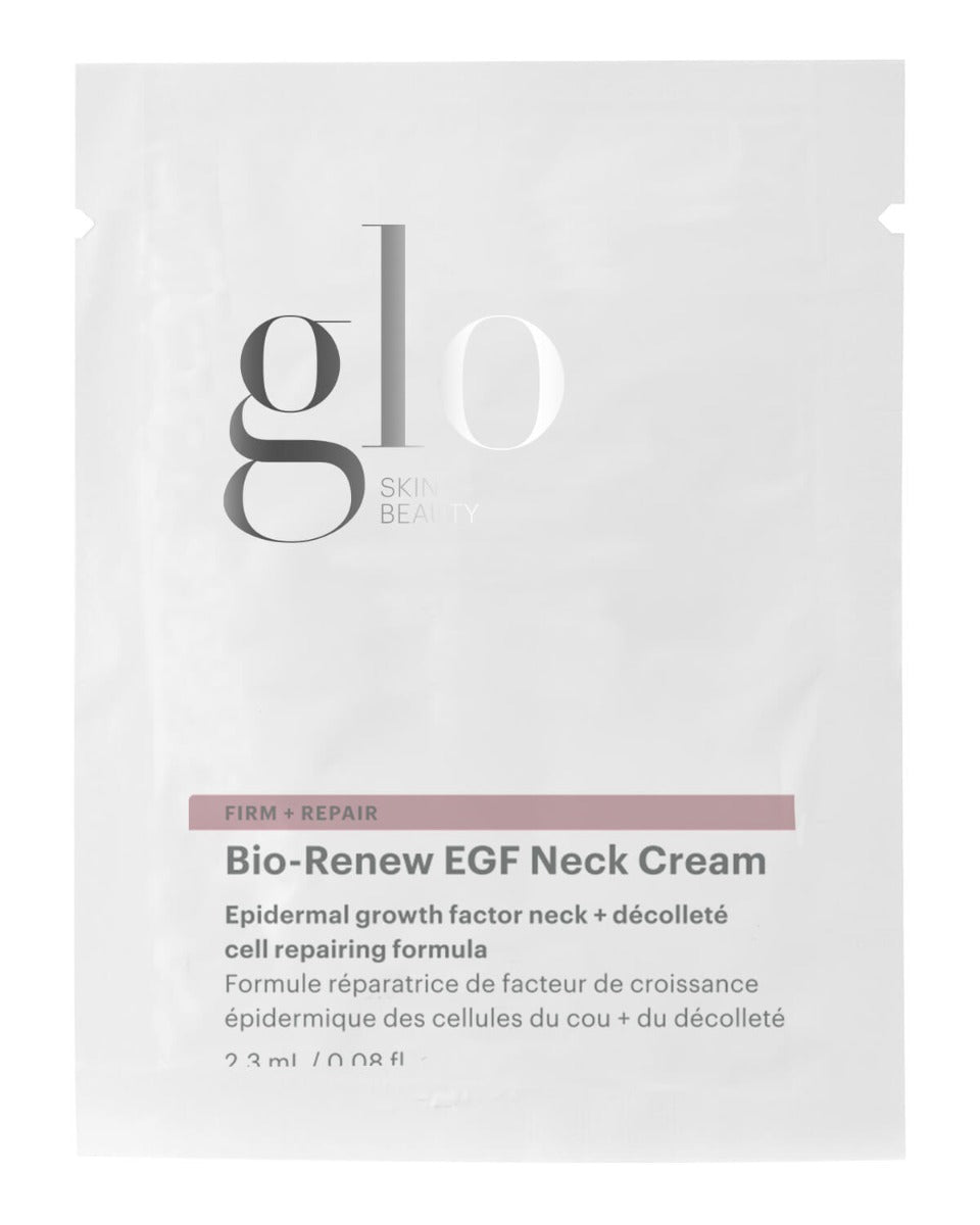 glo Skin Beauty sachet labeled FIRM + REPAIR — Bio-Renew EGF Neck Cream pouch