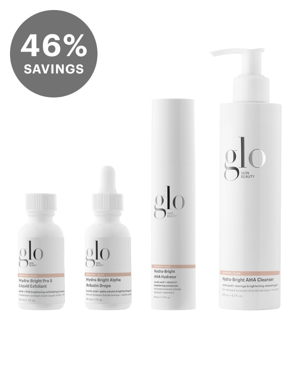 Set of four Glo Skin Beauty products: Hydra-Bright Pro 5 Liquid Exfoliant, Alpha Arbutin Drops, AHA Hydrator, and AHA Cleanser with 46% savings badge.