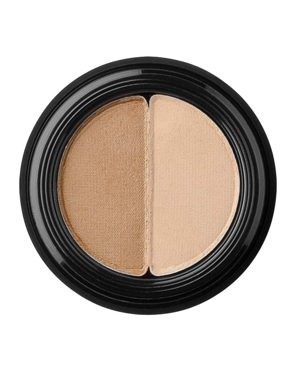 Compact with two shades of brow powder, light beige and medium brown, in a black round case