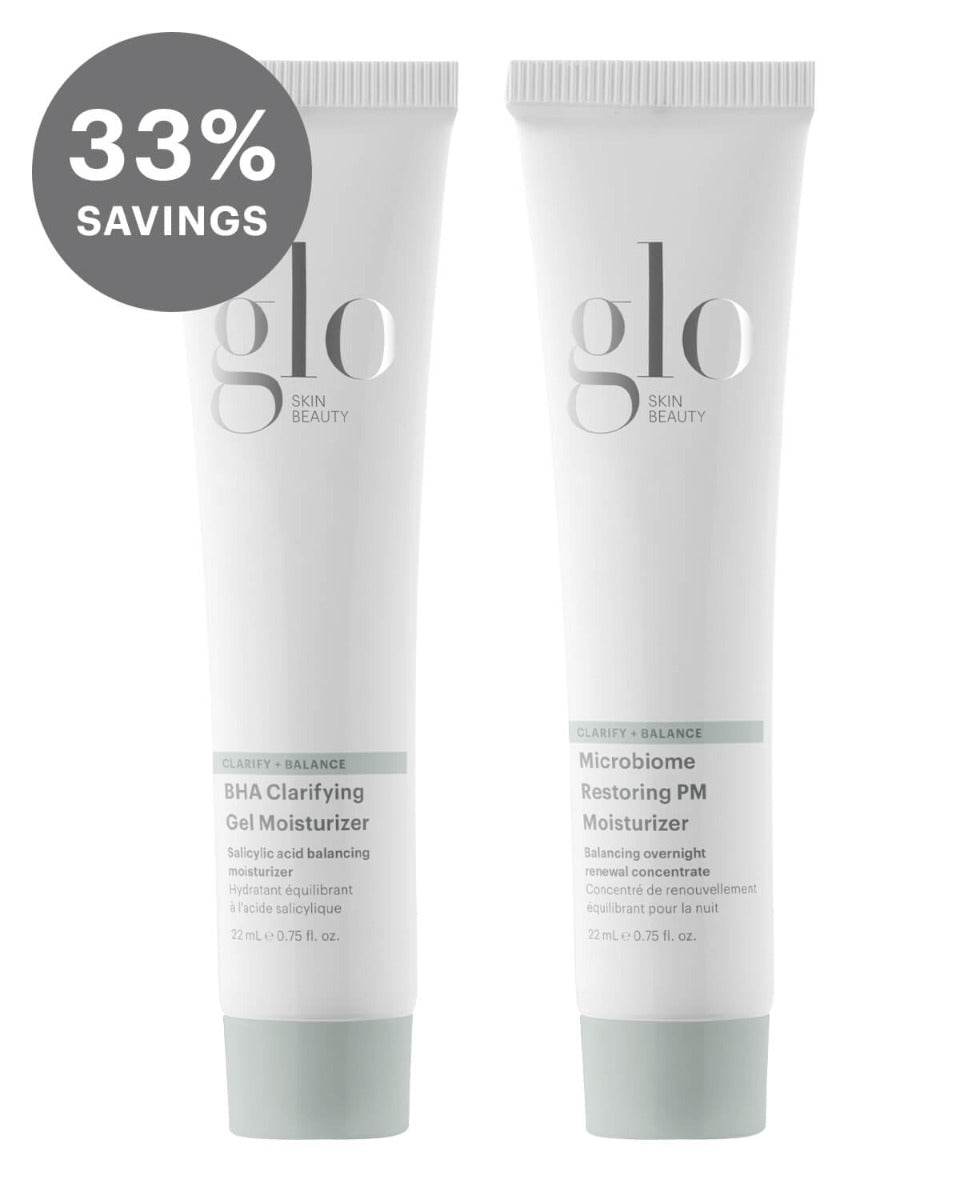 Two glo tubes: left BHA Clarifying Gel Moisturizer; right Microbiome Restoring PM Moisturizer; badge '33% SAVINGS'.