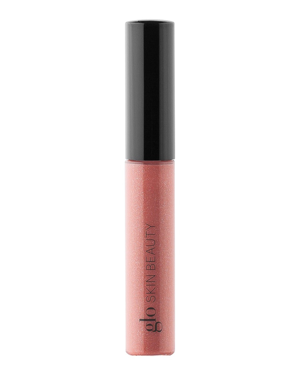 Shimmery pink lip gloss tube with black cap, label reads 