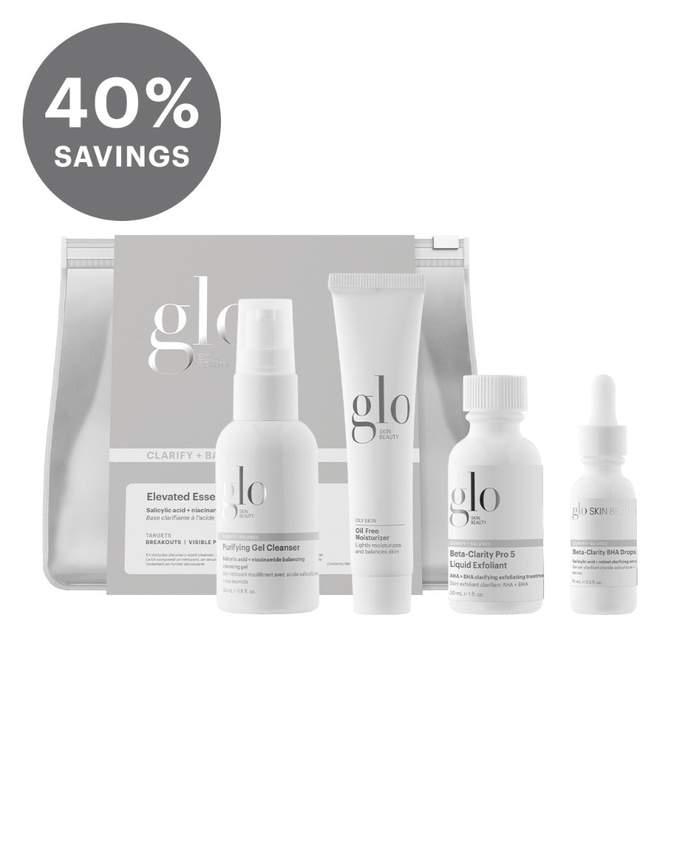 Skincare product set including Purifying Gel Cleanser, Oil Free Moisturizer, Beta-Clarity Pro 5 Liquid Exfoliant, Beta-Clarity BHA Drops, with 40% SAVINGS badge