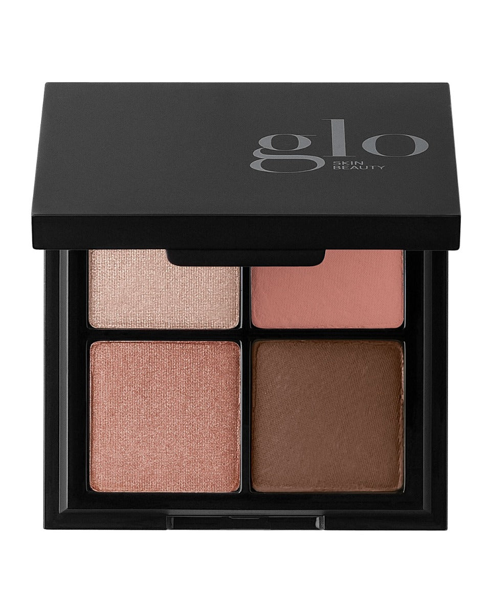 glo SKIN BEAUTY four-shade eyeshadow compact, neutral shimmer shades with one matte brown pan