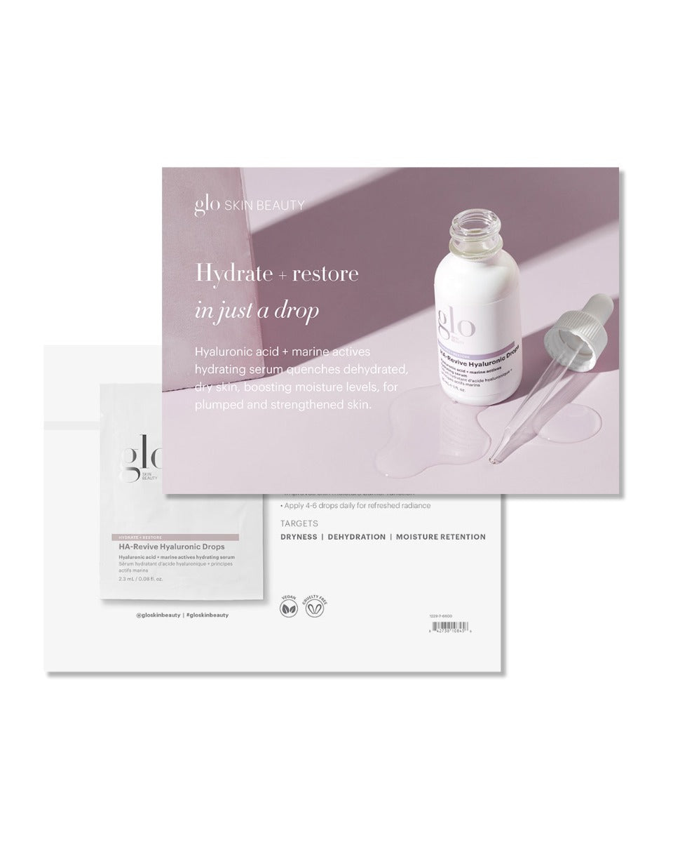 Glo Skin Beauty bottle and glass dropper for HA-Revive Hyaluronic Drops on pale pink background; headline 'Hydrate + restore in just a drop'.