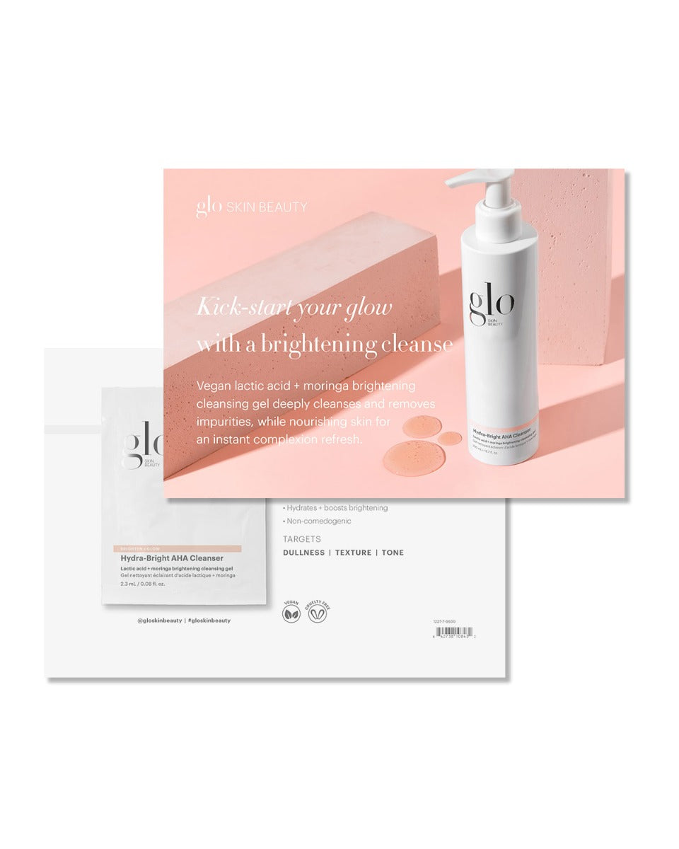 Glo Hydra-Bright AHA Cleanser with lactic acid and moringa to cleanse, brighten, and refresh skin.