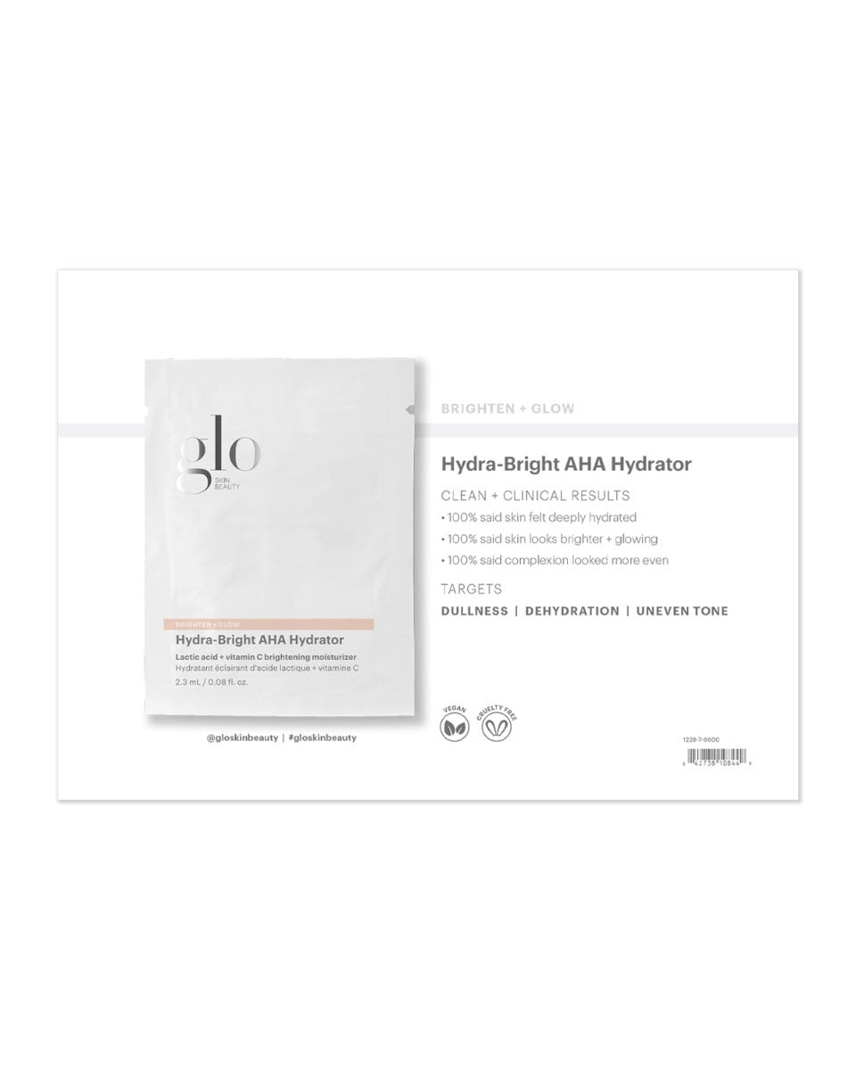Glo Skin Beauty sachet for Hydra-Bright AHA Hydrator, brightening moisturizer packet showing logo and product claims.