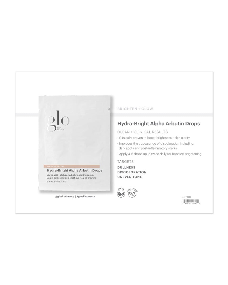 Glo Hydra-Bright Alpha Arbutin Drops, brightening serum to target dullness, discoloration, and uneven tone.