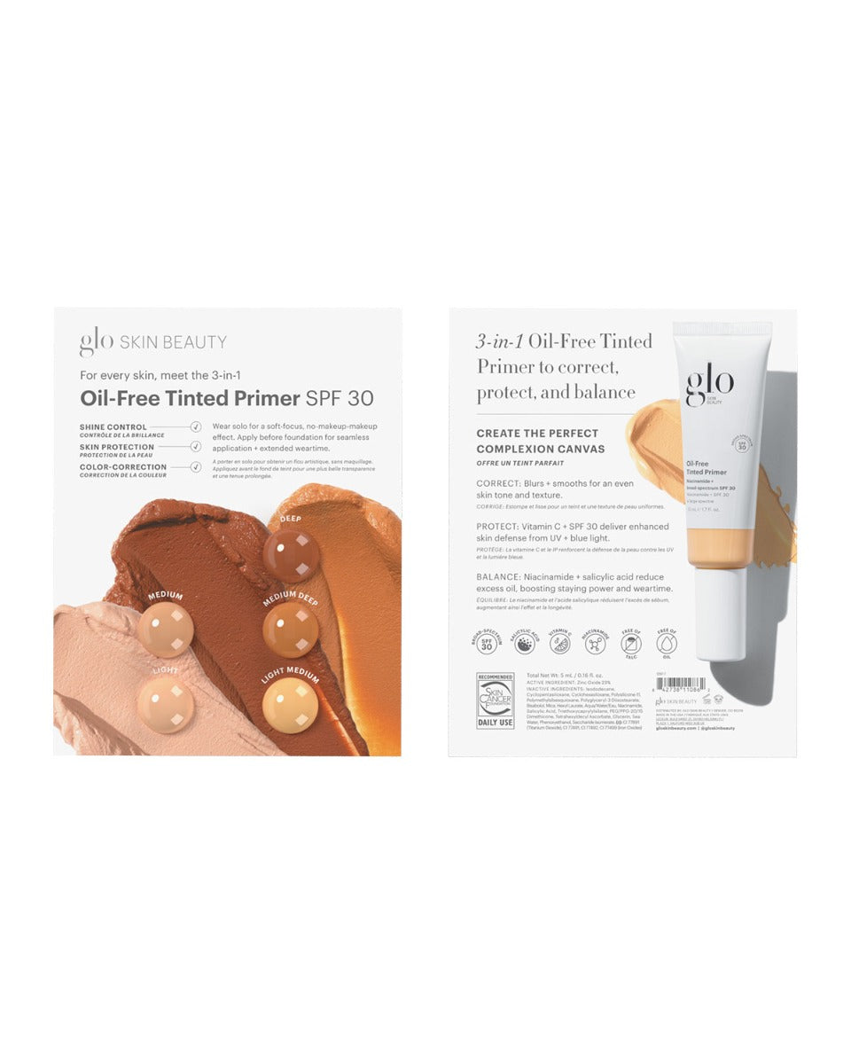 Front and back of glo Skin Beauty Oil-Free Tinted Primer SPF 30 packaging showing shade swatches labeled Light, Medium, Medium Deep, Deep, and product benefits text.