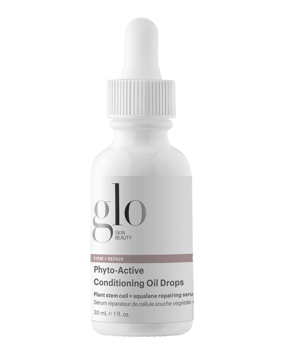 Glo Skin Beauty Phyto-Active Conditioning Oil Drops bottle with plant stem cell + squalane repairing serum text