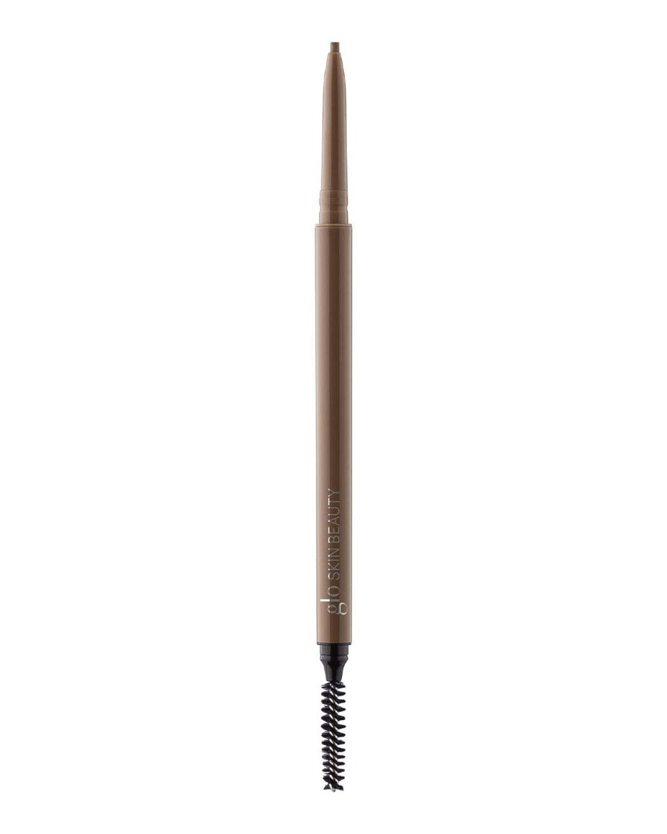 Straight-on view of Precise Micro Browliner in Light Brown showing retractable fine tip and spoolie brush on white background