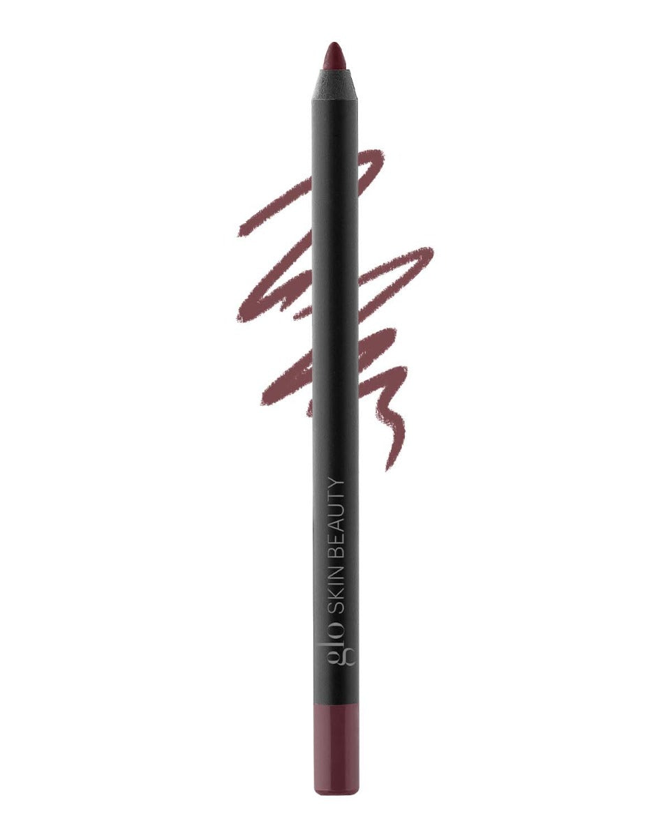 Vertical mauve lip liner pencil with swatch, brand text 