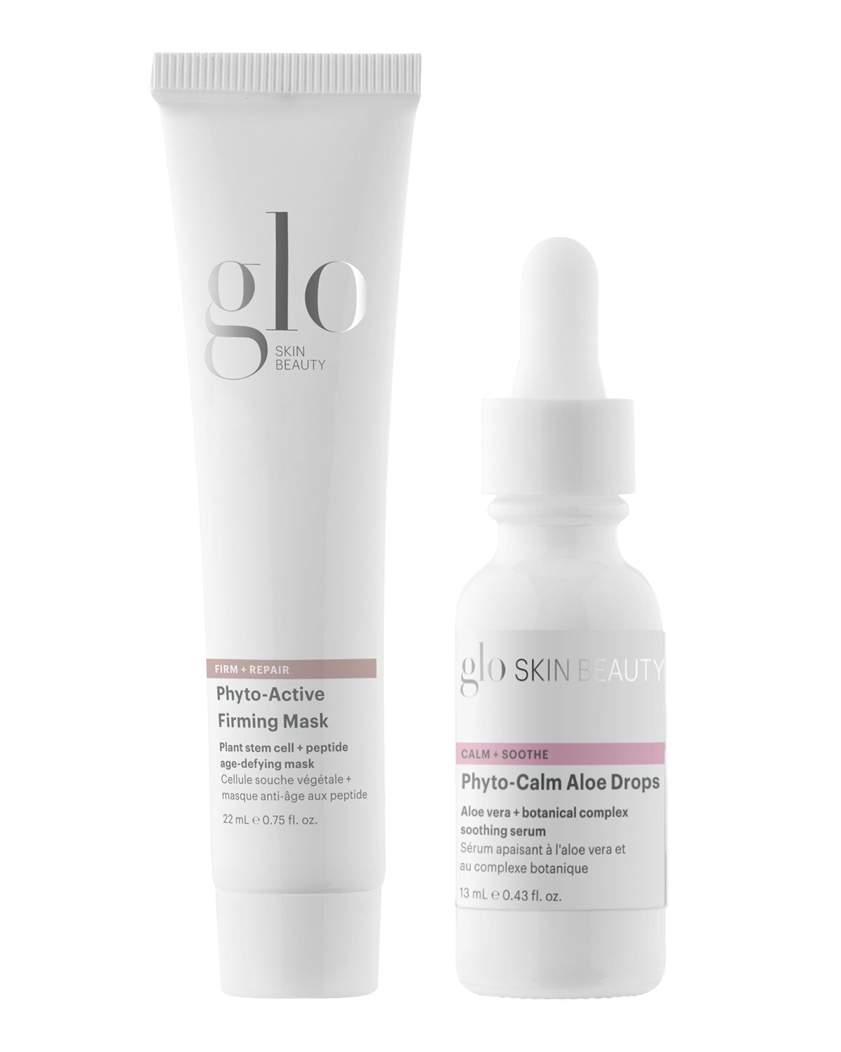 Glo Skin Beauty products: Phyto-Active Firming Mask (tube) and Phyto-Calm Aloe Drops (dropper bottle)