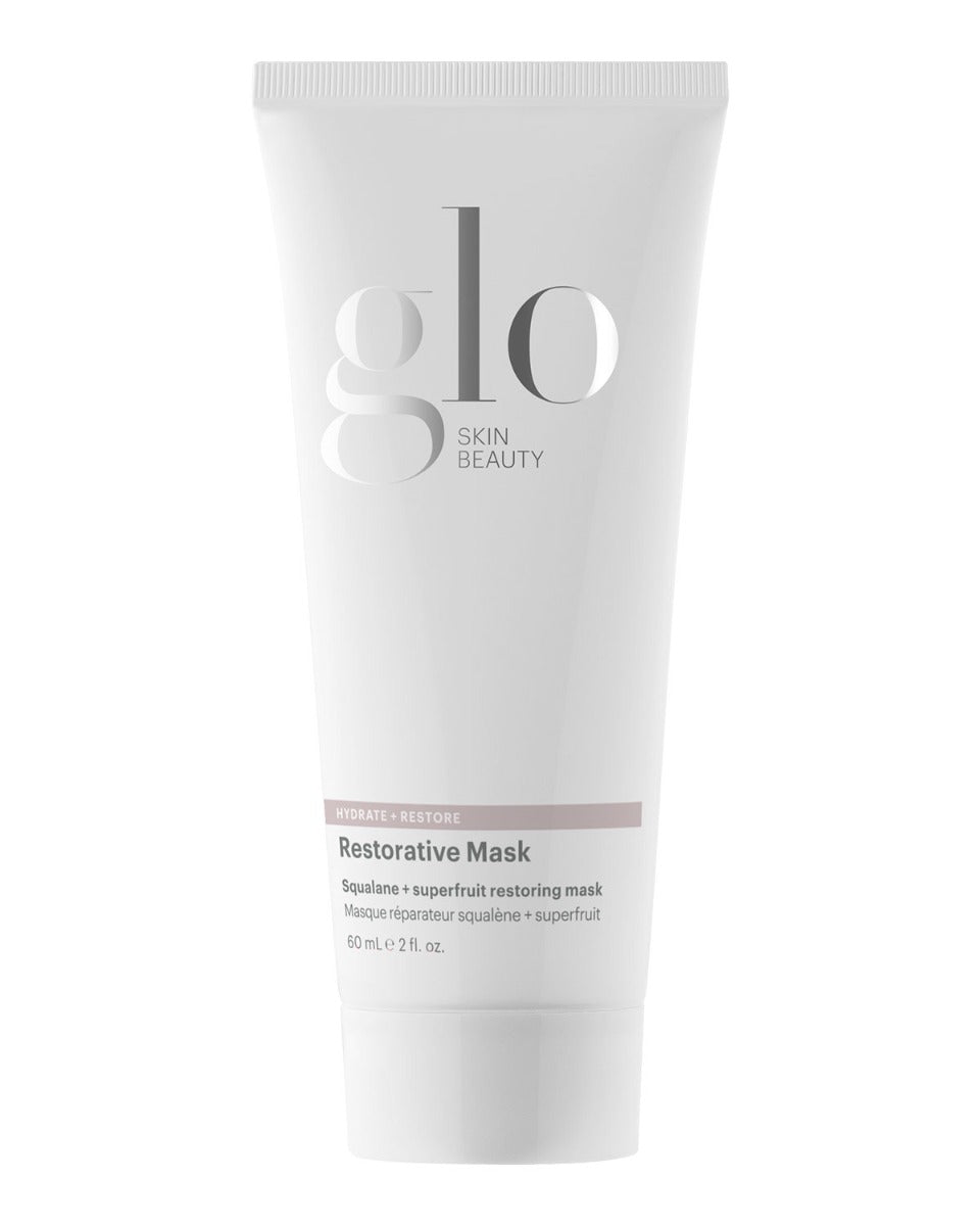 Glo Skin Beauty Restorative Mask tube with Squalane + superfruit restoring mask text