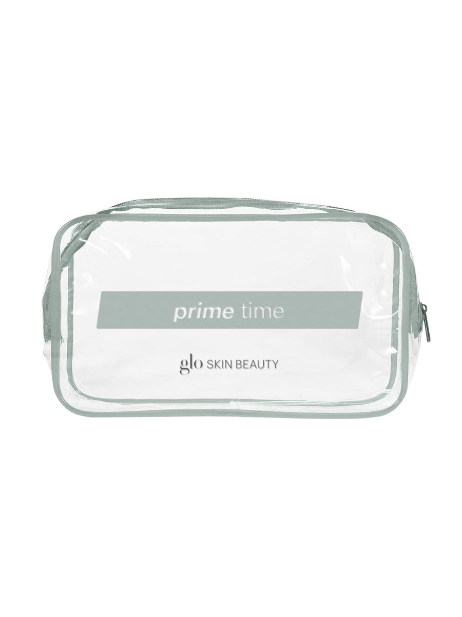 Clear rectangular cosmetic bag with 'prime time' on green bar and 'glo SKIN BEAUTY' logo