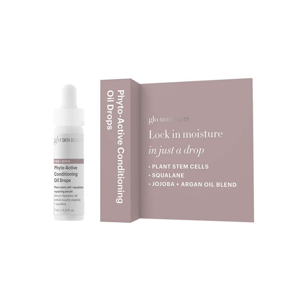 glo Skin Beauty Phyto‑Active Conditioning Oil drops bottle beside mauve box reading 'Lock in moisture in just a drop'