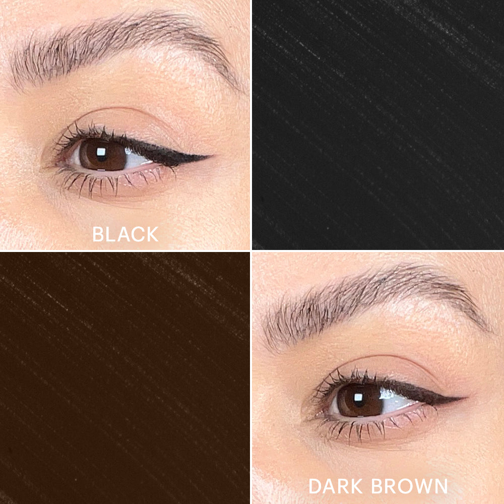 Winged eyeliner applied on eyes with two shade swatches labeled BLACK and DARK BROWN.