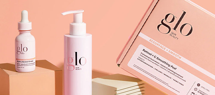 glo skin beauty — GlyPro Retinol Drops, pink pump bottle, and box labeled RESURFACE + SMOOTH Retinol + C Smoothing Peel