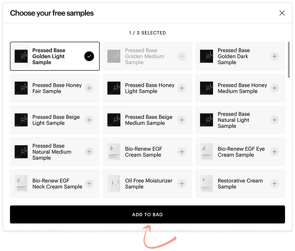 Modal titled 'Choose your free samples' showing a grid of product sample options and an 'ADD TO BAG' button.