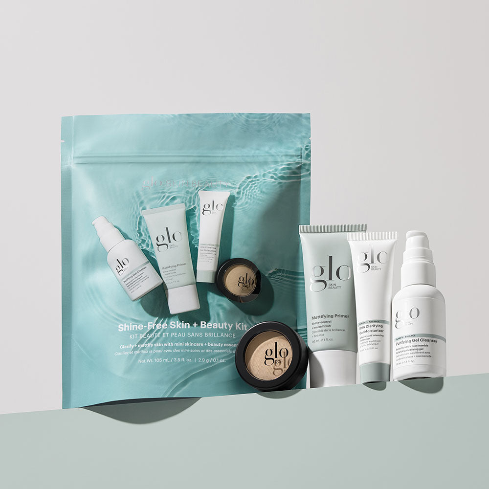 Glo Skin Beauty Shine-Free Skin + Beauty Kit with Mattifying Primer, Clarifying Gel Moisturizer, Purifying Gel Cleanser, and powders