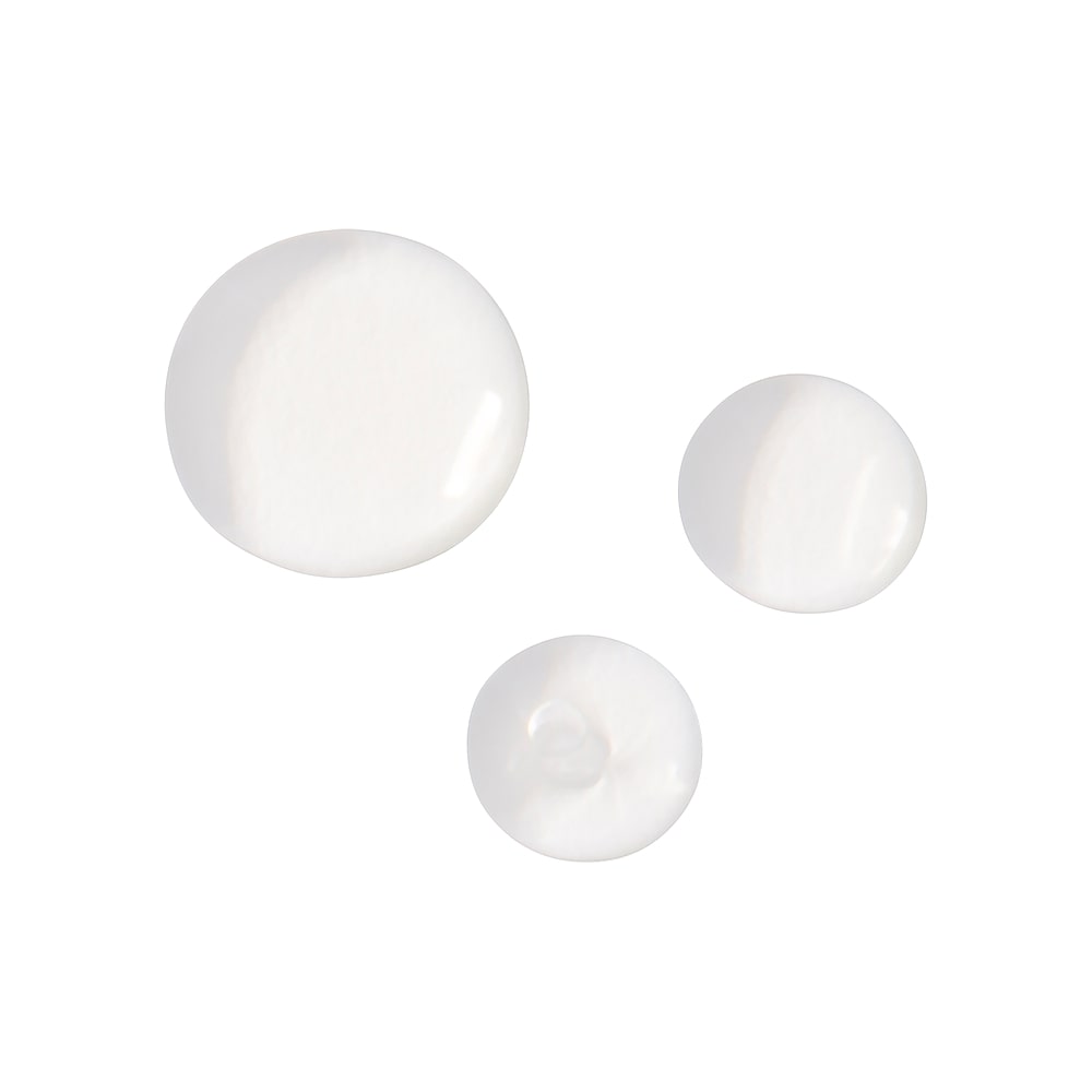 Three clear liquid droplets of varying sizes on a white background