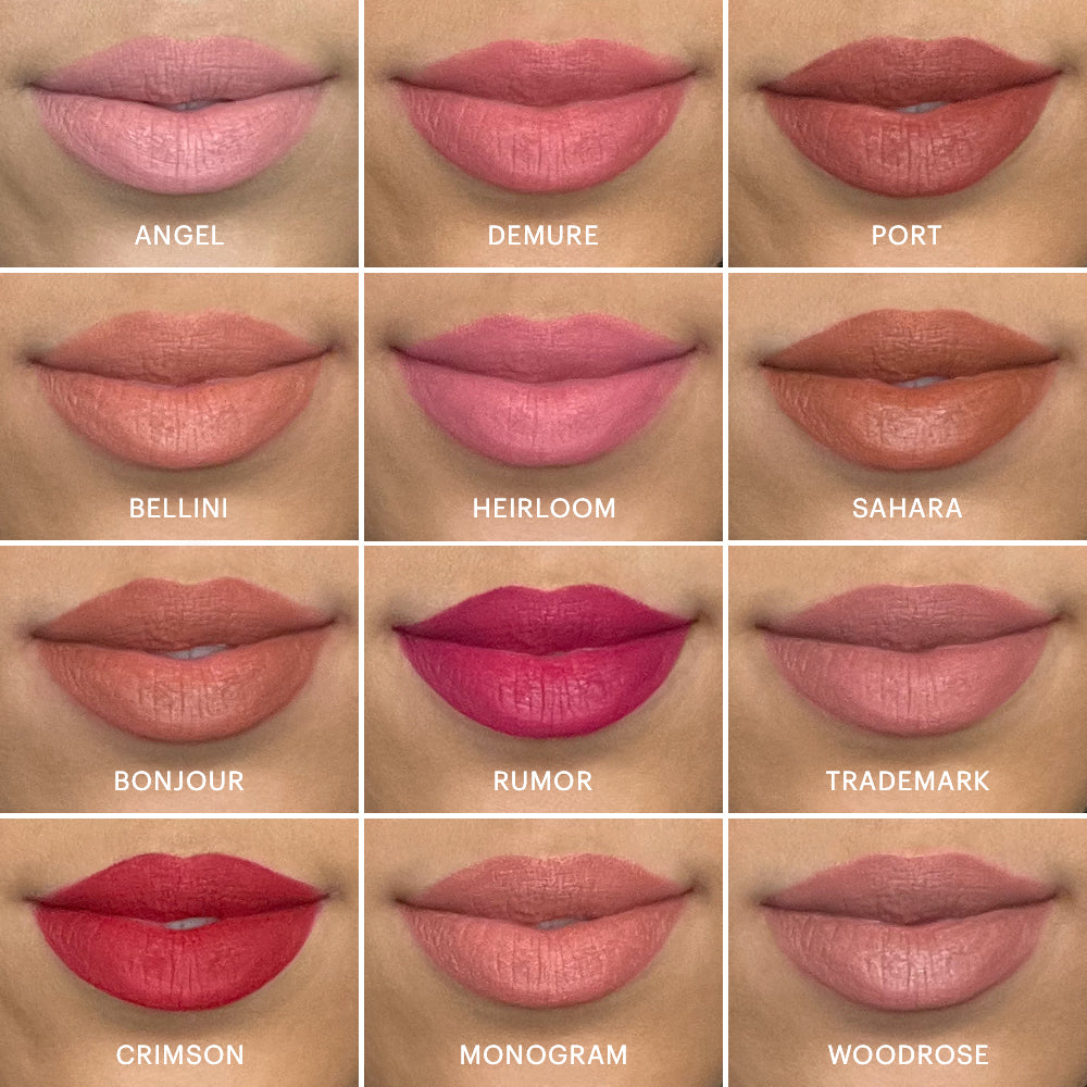 Lip swatches of Suede Matte Crayon in 12 shades: Angel, Demure, Port, Bellini, Heirloom, Sahara, Bonjour, Rumor, Trademark, Crimson, Monogram, Woodrose