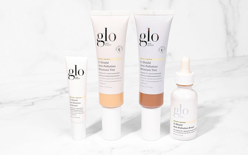 glo skin beauty C-Shield Anti-Pollution Moisture Tint, Drops, Eye Restore Hydrator; Protect Prevent on marble